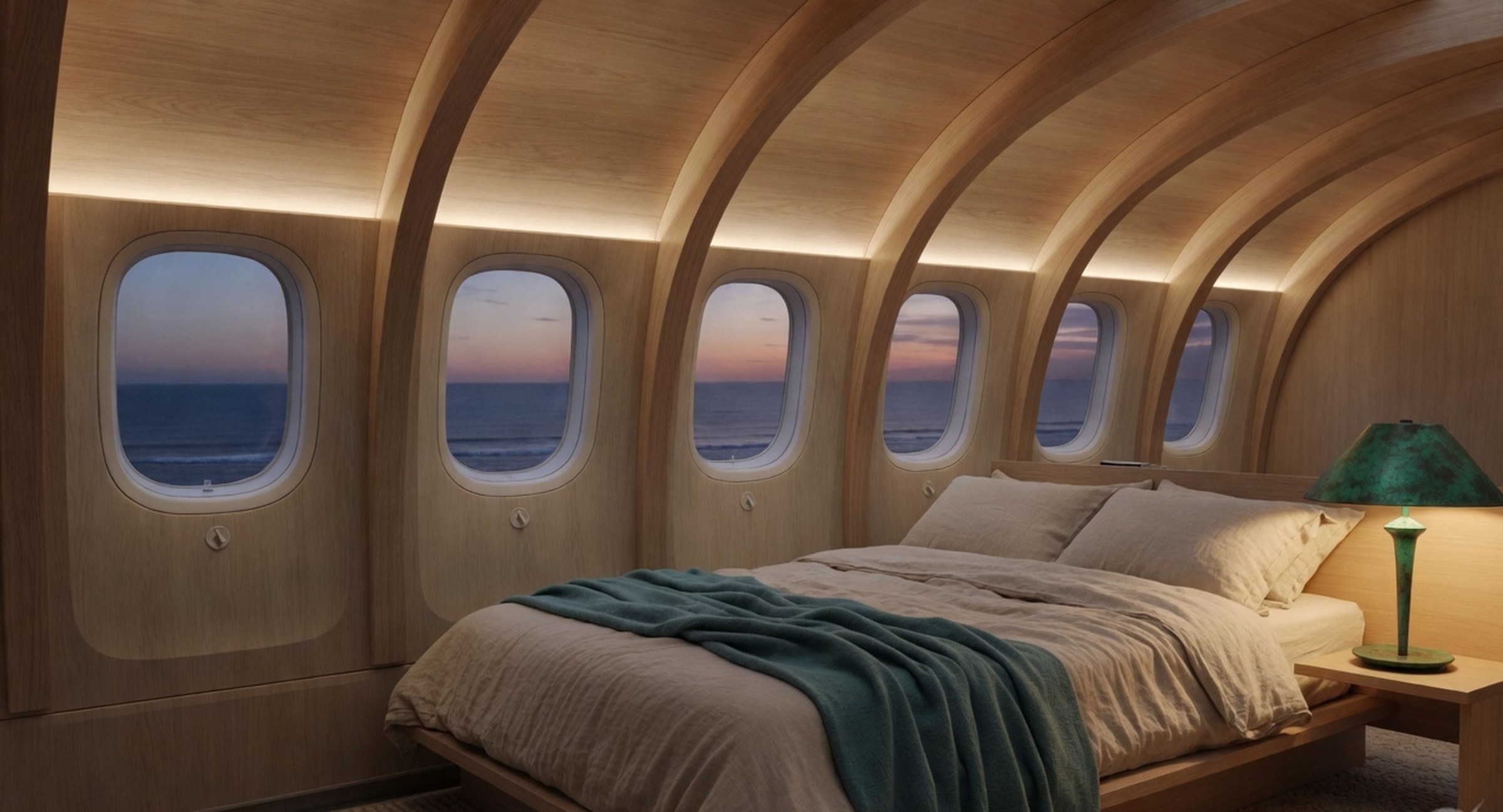 Bedroom with a low oak bed, oatmeal linen, a Tasman-teal throw, and 777 windows at dusk.