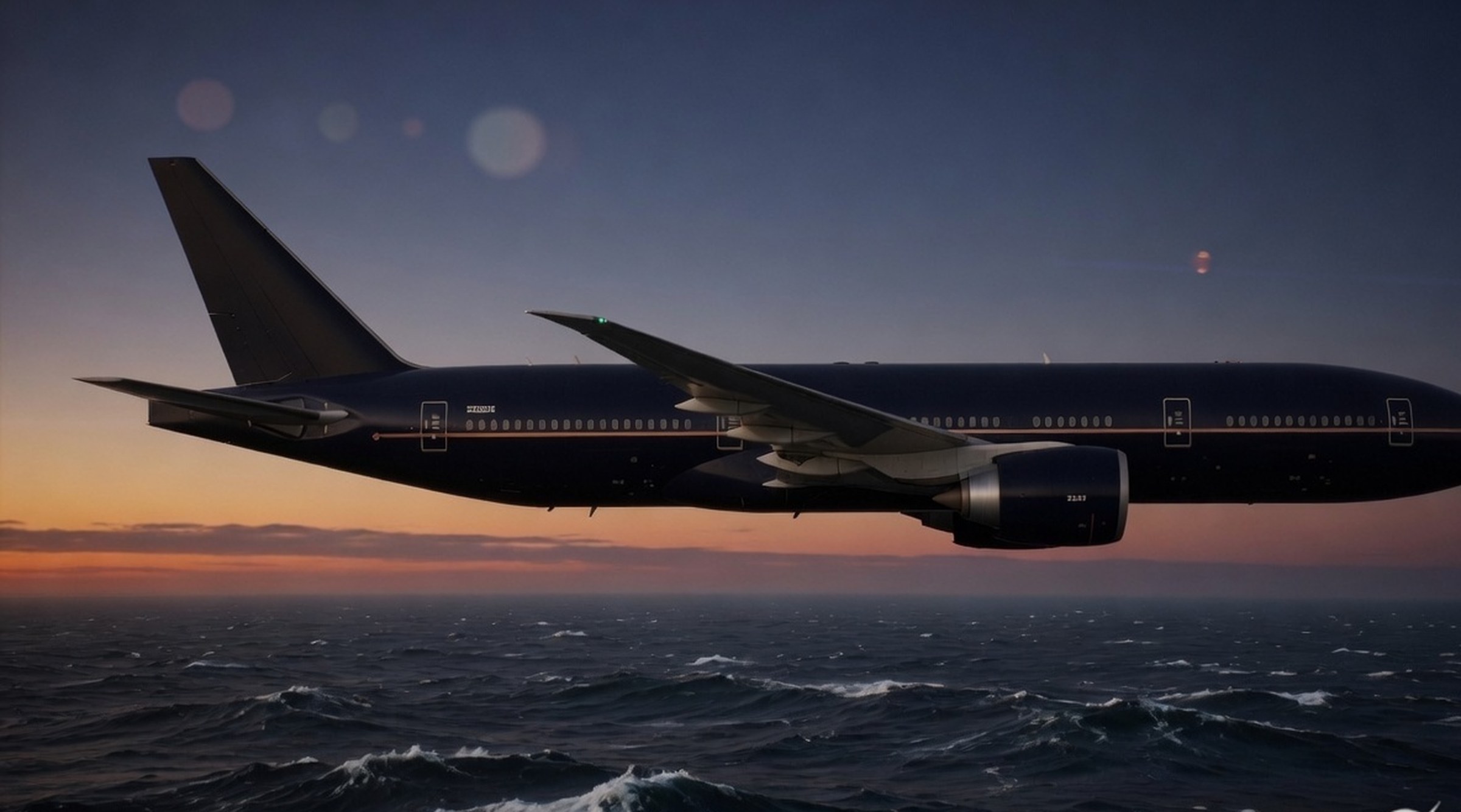 Side profile of the Antipodean 777-300ER in midnight Nocturne livery over a dark sea at dusk.