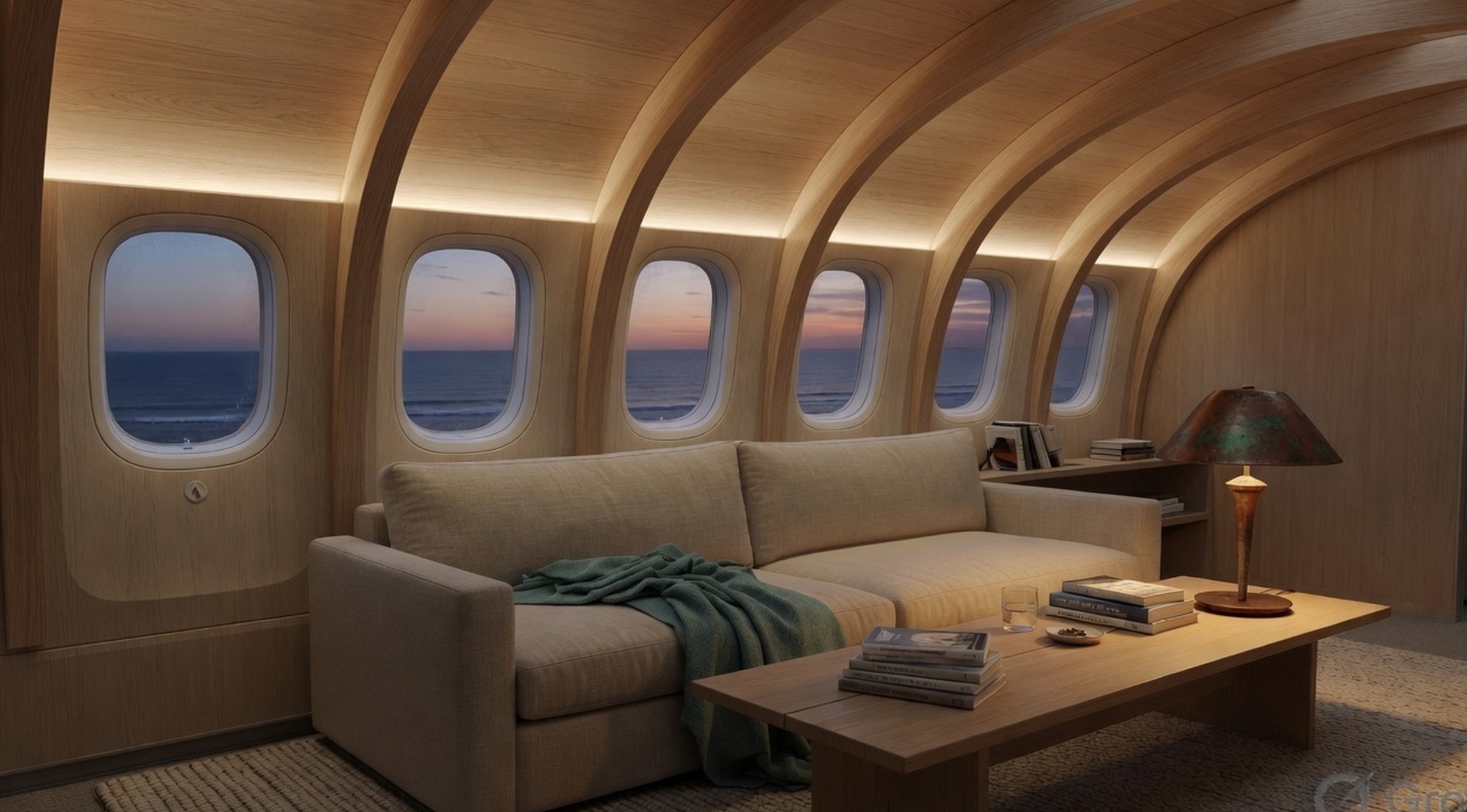 Living room of the flying apartment: pale oak, linen sofa, oval 777 windows over a dusk ocean.