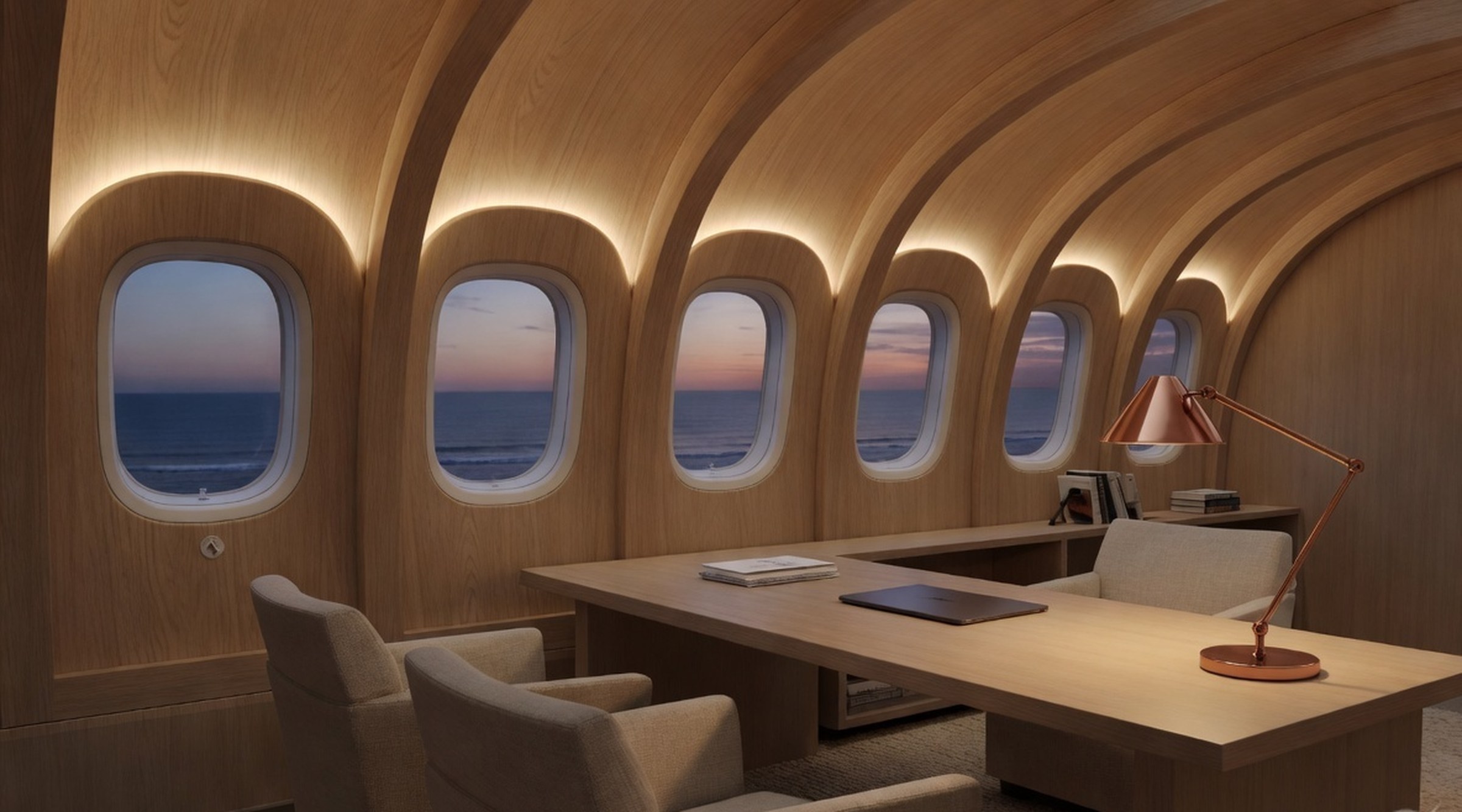 Study with a wide oak desk facing the windows, linen armchairs, and a copper lamp.